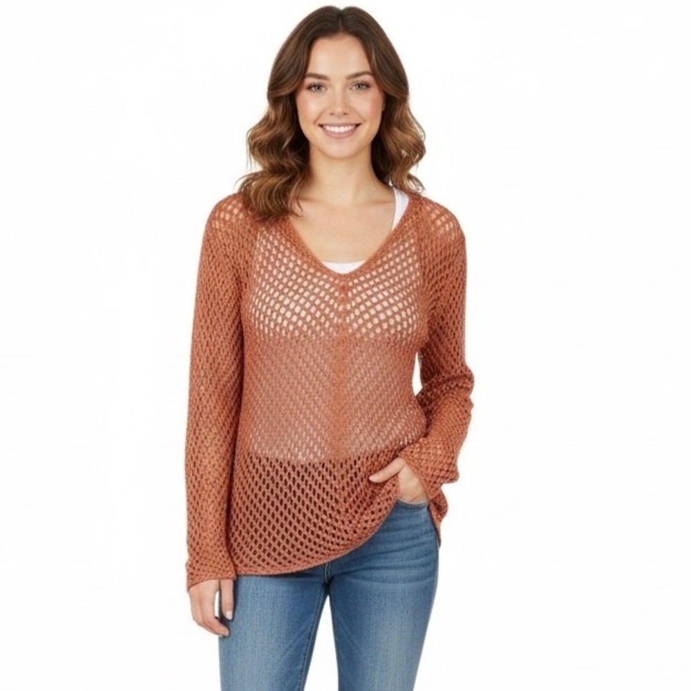 Modern Soul Open‎ Knit Sweater Women Medium Linen Blend Long Sleeves Pink Mauve